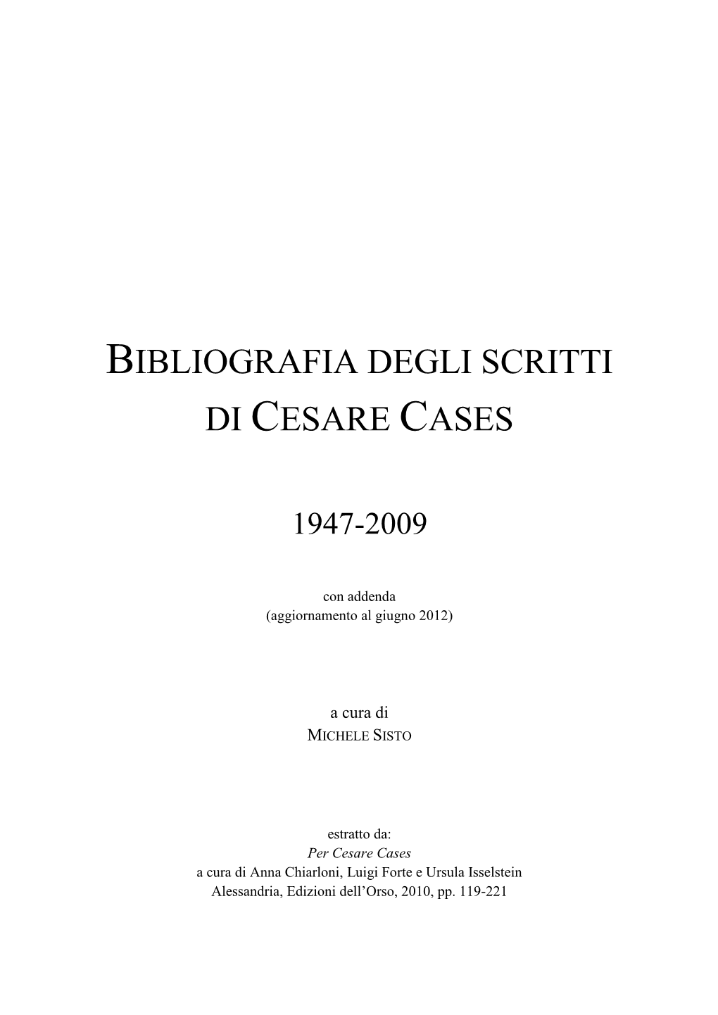 Bibliografia Degli Scritti Di Cesare Cases