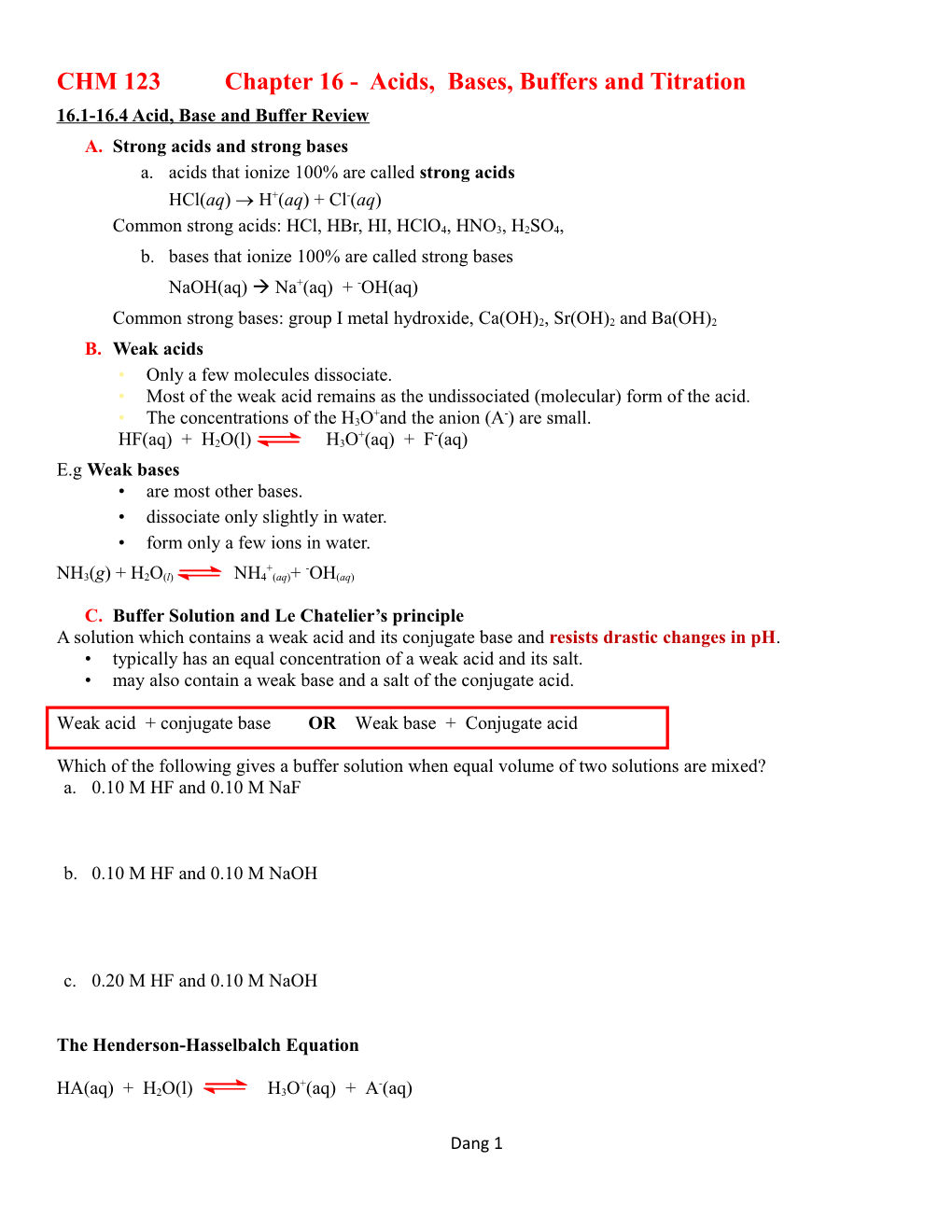 CHM 123 Chapter 16 - Acids, Bases, Buffers and Titration