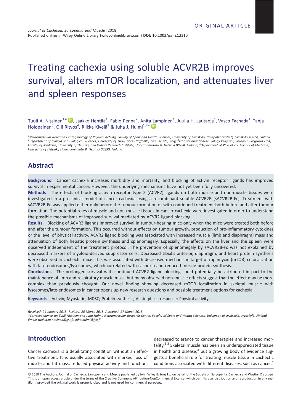 Treating Cachexia Using Soluble ACVR2B Improves Survival, Alters Mtor Localization, and Attenuates Liver and Spleen Responses