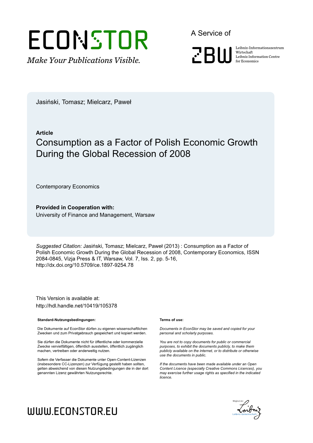 Consumption As a Factor of Polish Economic Growth During the Global Recession of 2008