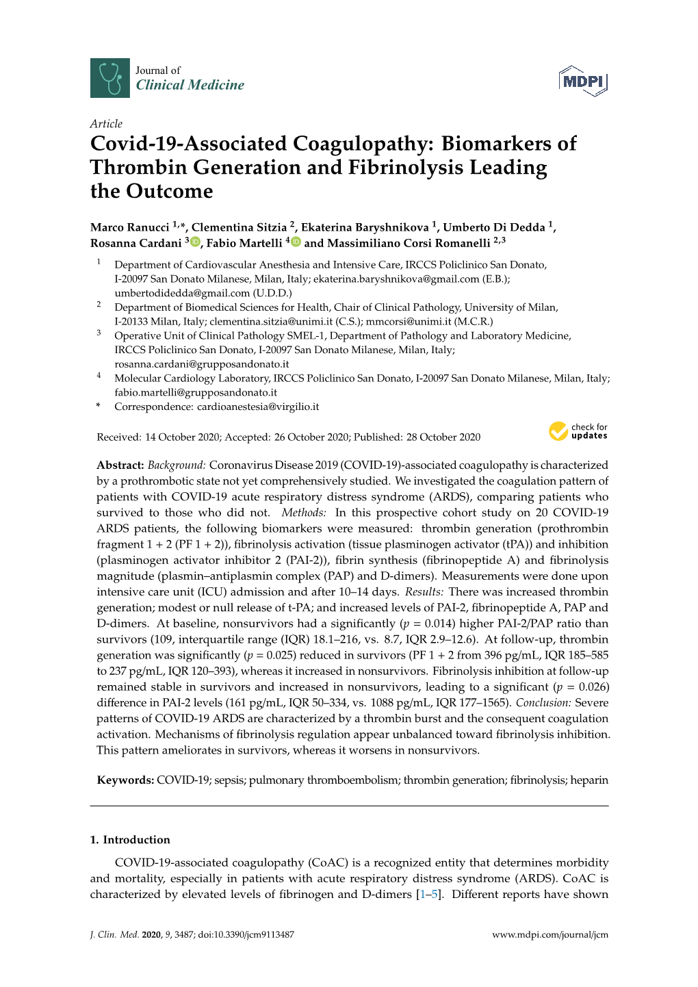 Covid-19-Associated Coagulopathy: Biomarkers of Thrombin Generation and Fibrinolysis Leading the Outcome