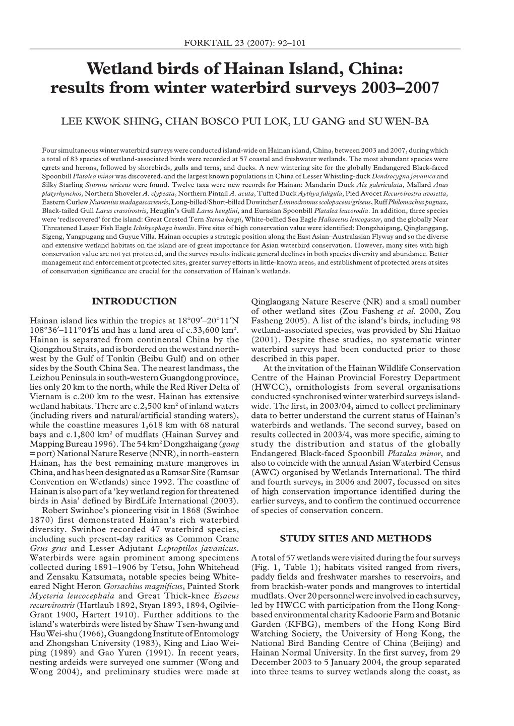 Wetland Birds of Hainan Island, China: Results from Winter Waterbird Surveys 2003–2007