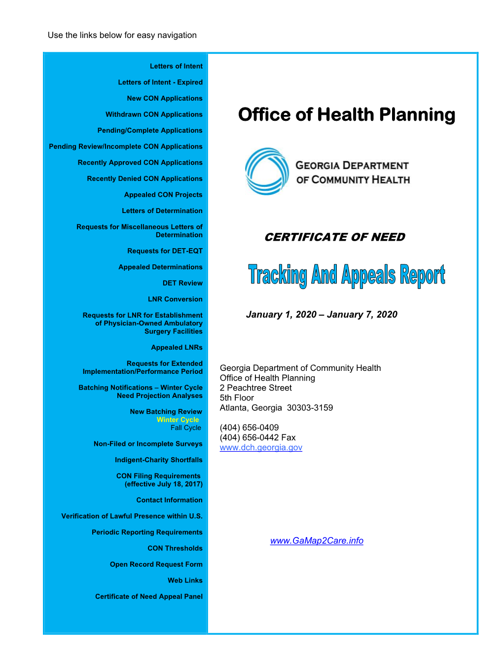 Office of Health Planning Pending/Complete Applications