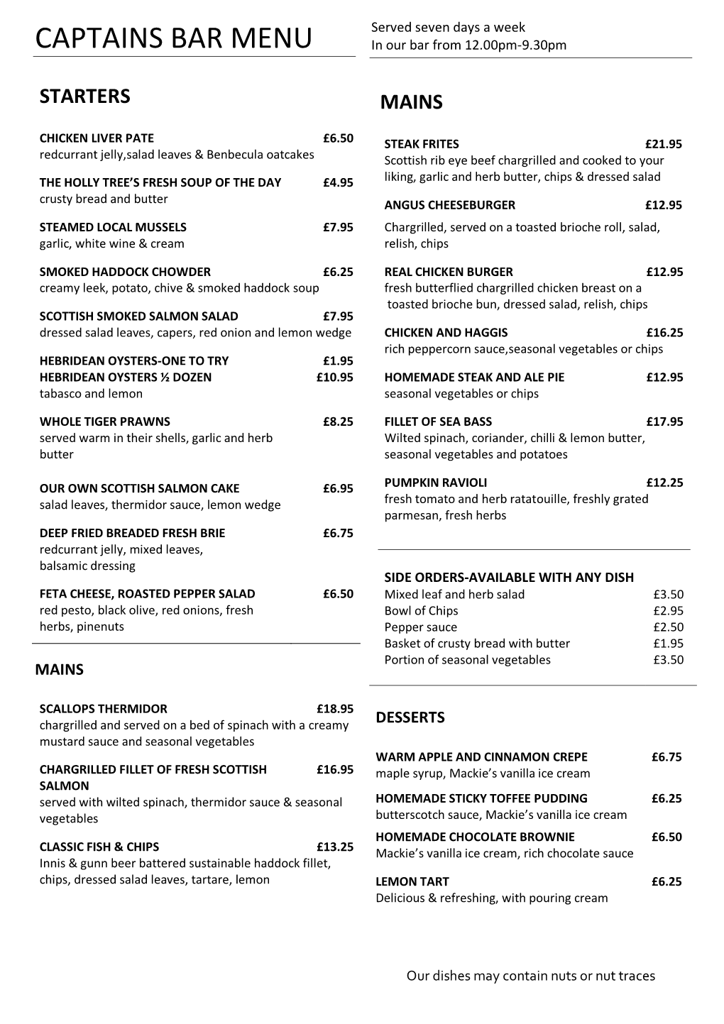 CAPTAINS BAR MENU in Our Bar from 12.00Pm-9.30Pm