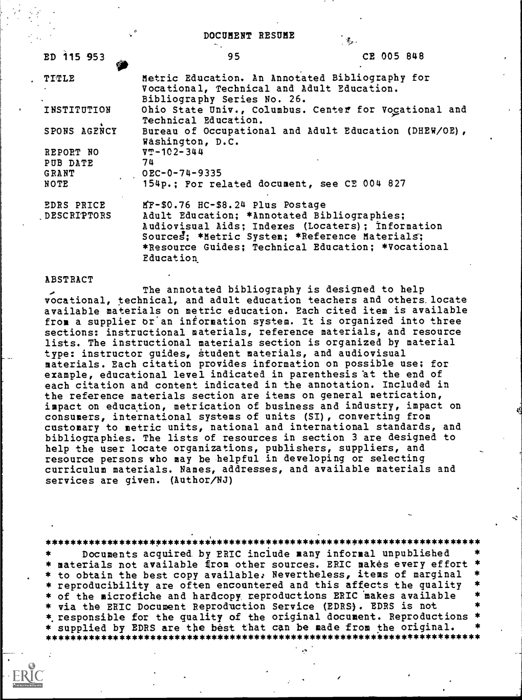 BD 115 953 DOCUMENT RESUME CE 005 848 Metric