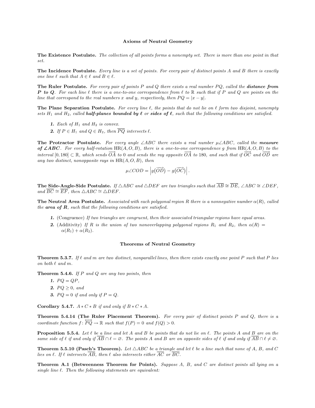 Axioms of Neutral Geometry the Existence Postulate. the Collection