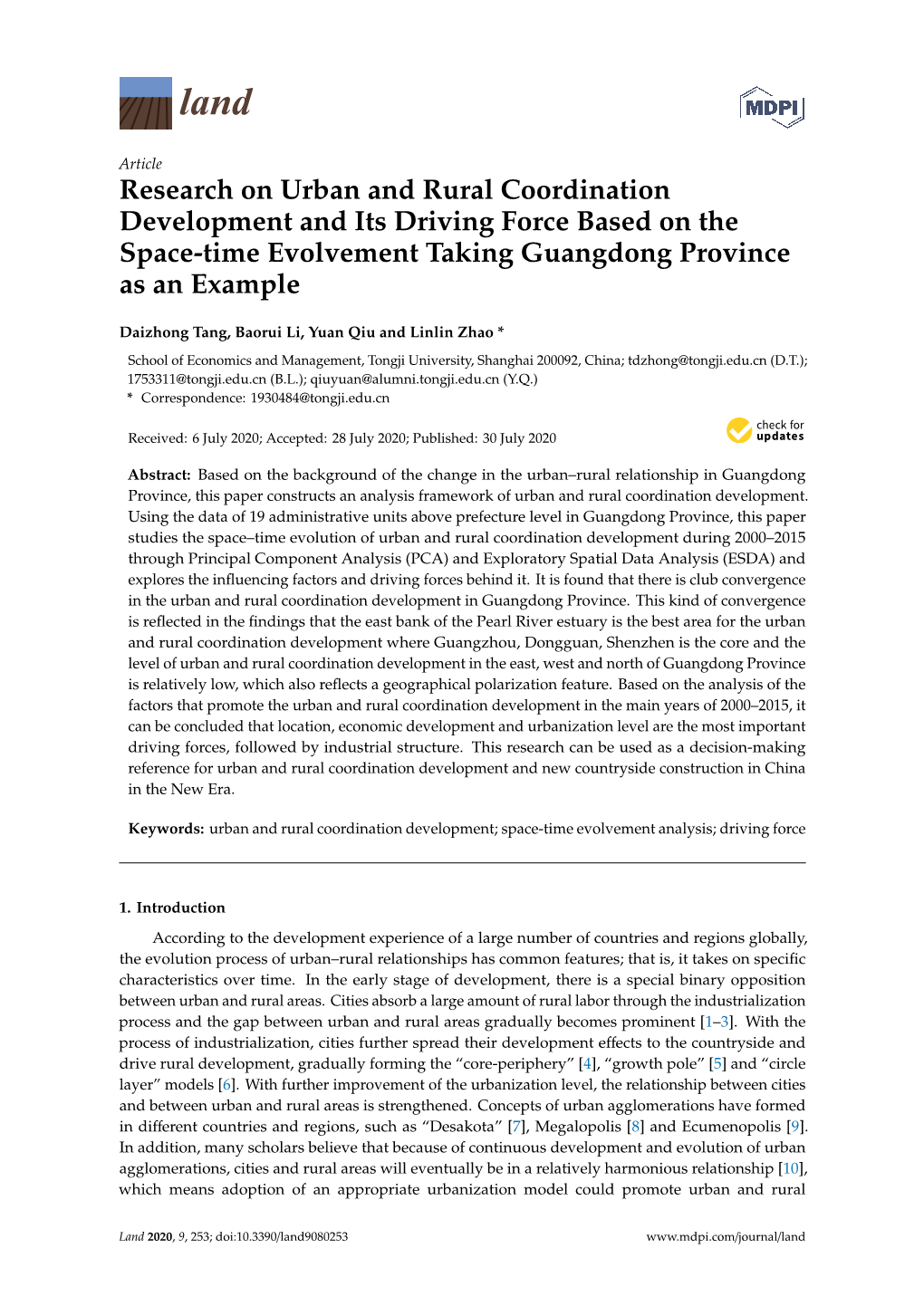 Research on Urban and Rural Coordination Development and Its Driving Force Based on the Space-Time Evolvement Taking Guangdong Province As an Example