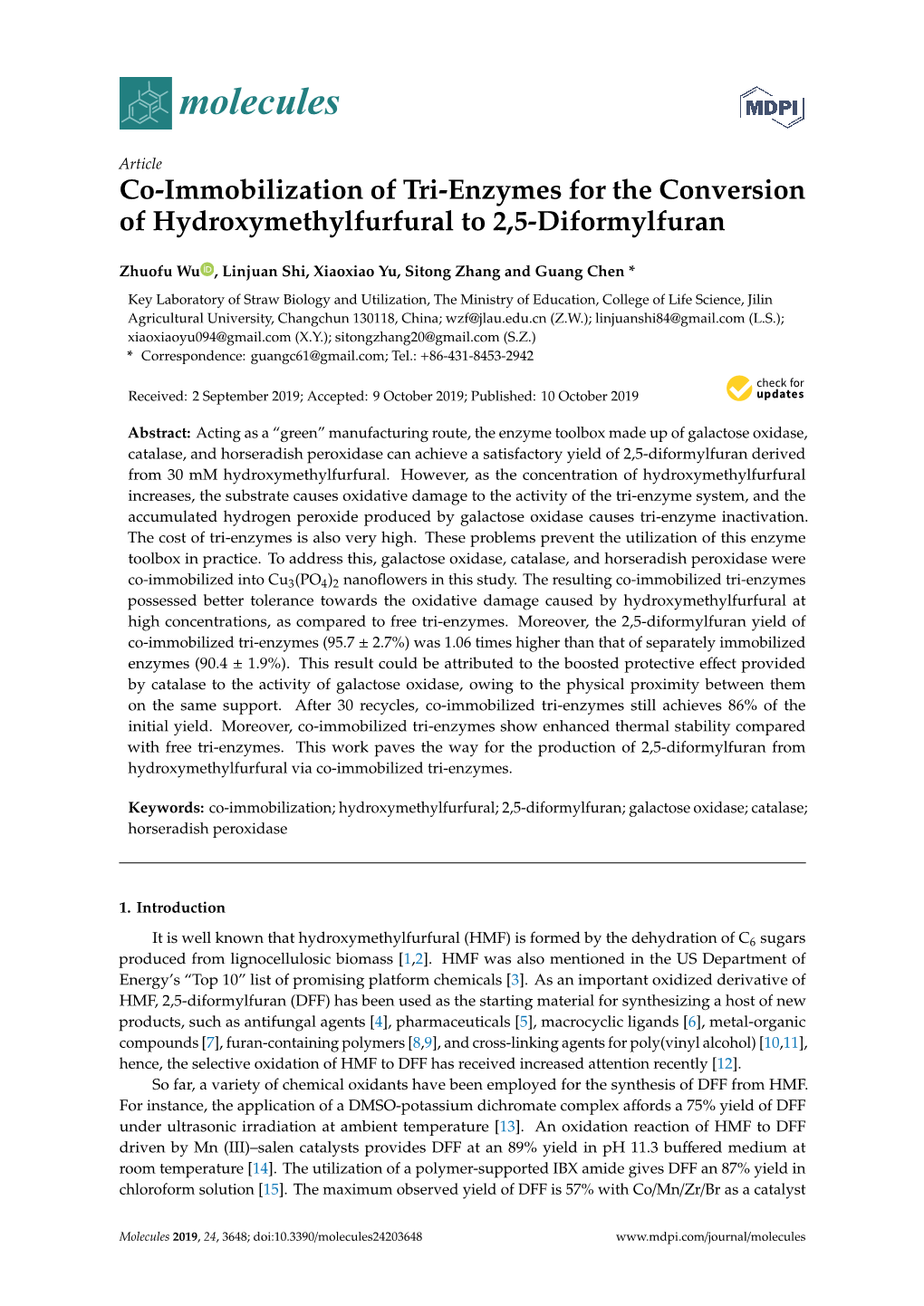 Co-Immobilization of Tri-Enzymes for the Conversion of Hydroxymethylfurfural to 2,5-Diformylfuran