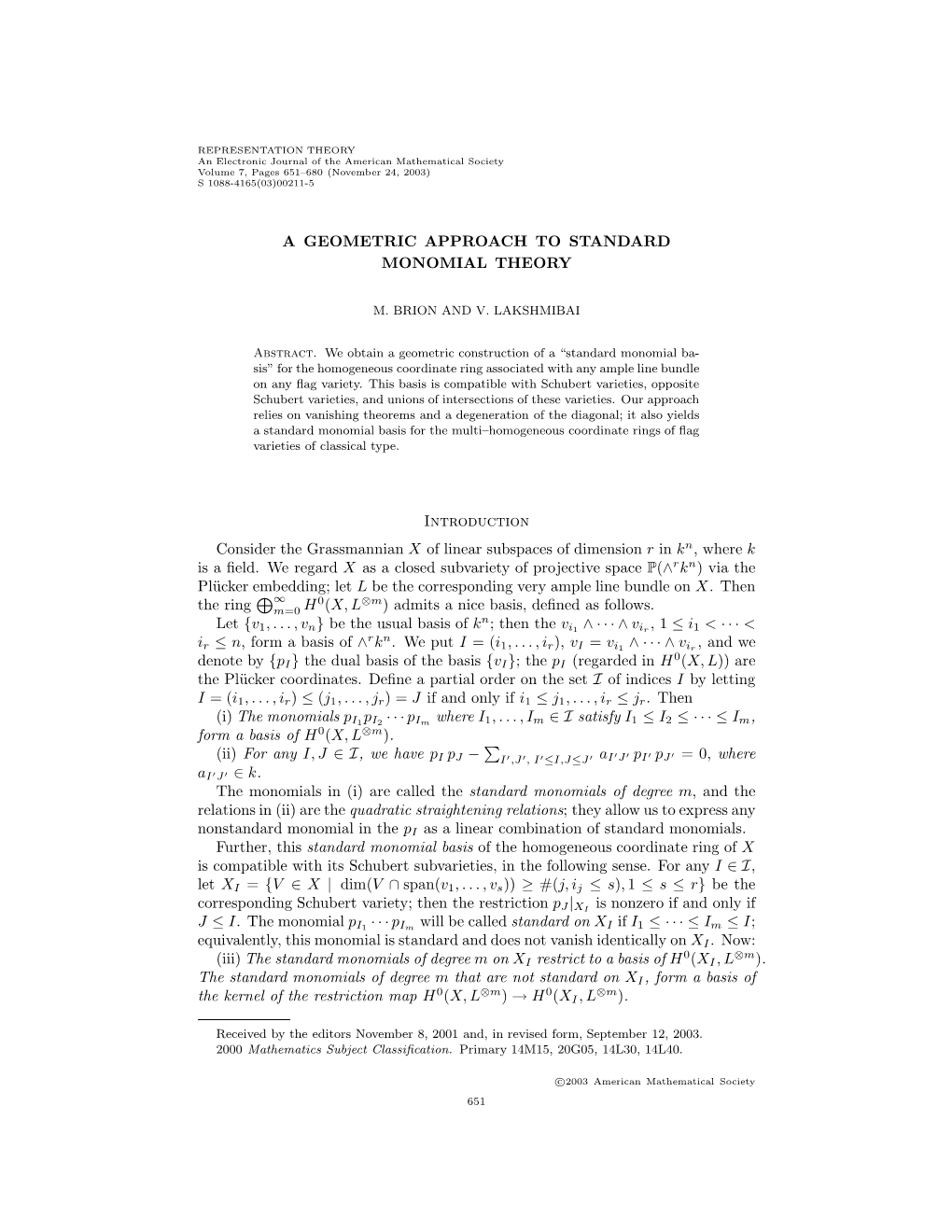 A Geometric Approach to Standard Monomial Theory