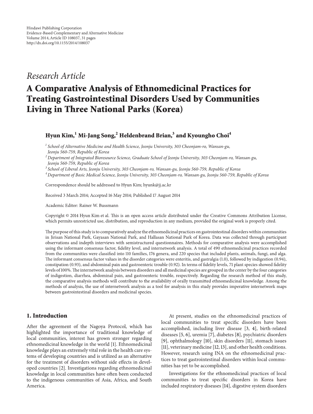 A Comparative Analysis of Ethnomedicinal Practices for Treating Gastrointestinal Disorders Used by Communities Living in Three National Parks (Korea)