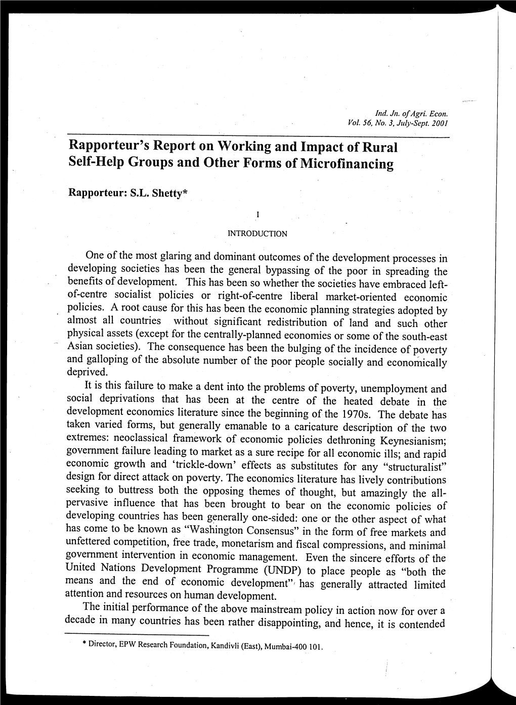 Rapporteur's Report on Working and Impact of Rural Self-Help Groups and Other Forms of Micrormancing