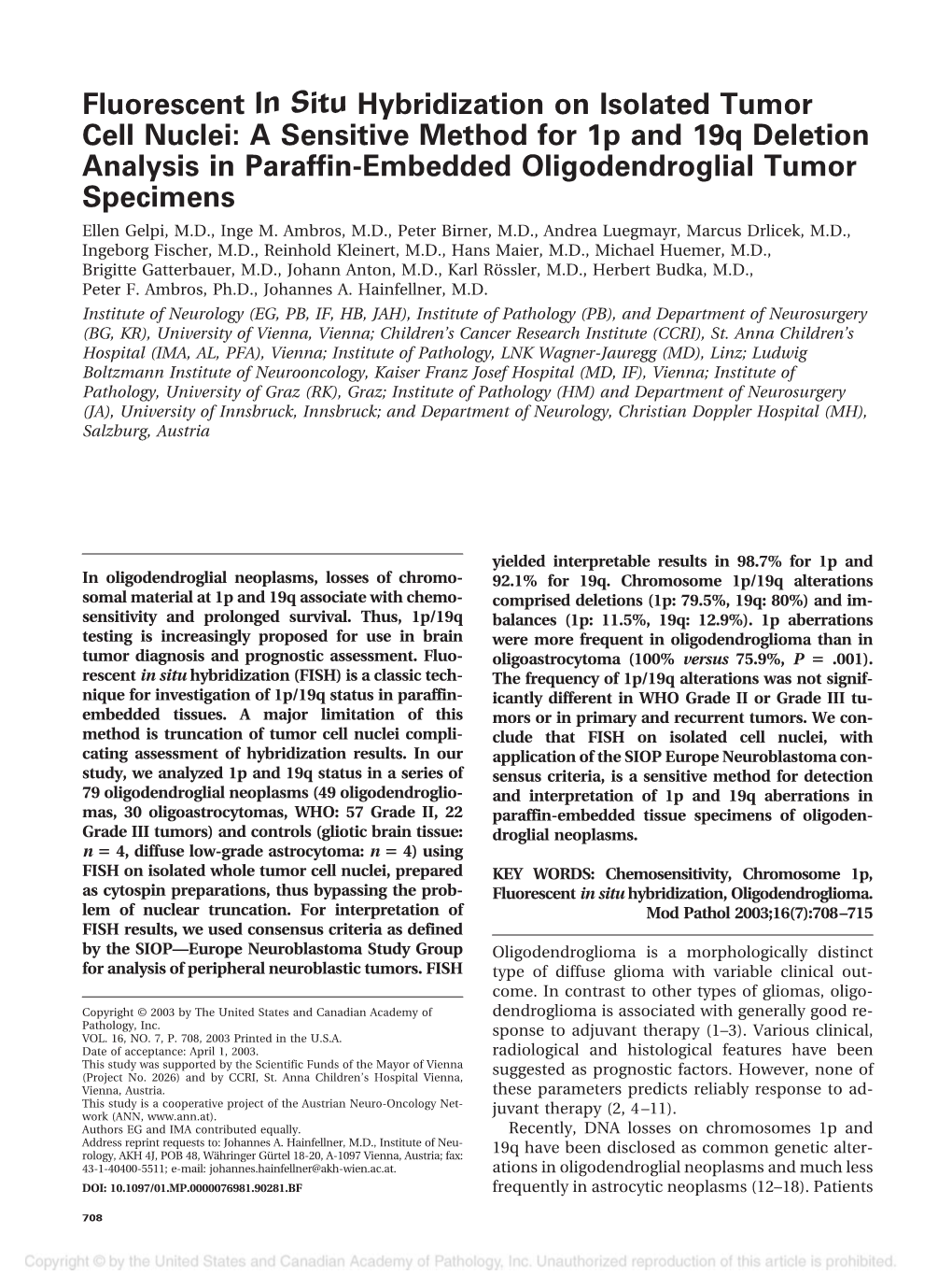 Fluorescent in Situ Hybridization on Isolated Tumor Cell Nuclei