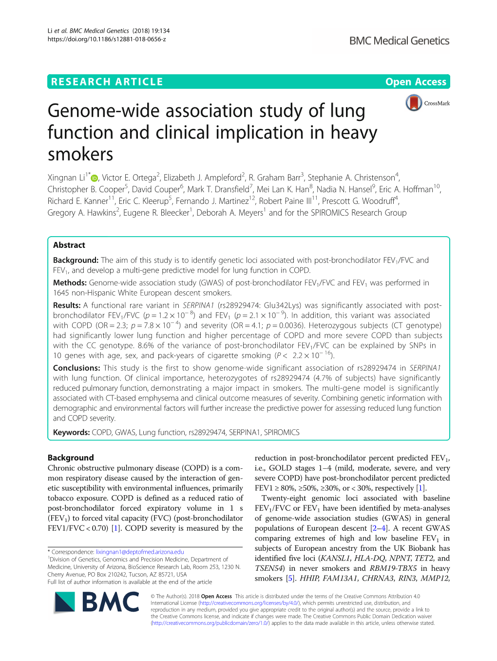 Genome-Wide Association Study of Lung Function and Clinical Implication in Heavy Smokers Xingnan Li1* , Victor E