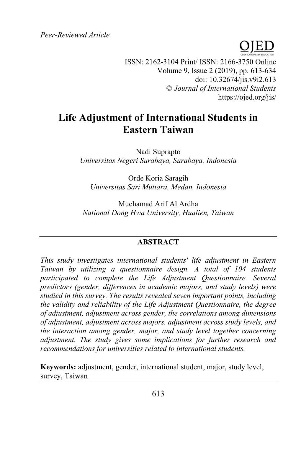 Life Adjustment of International Students in Eastern Taiwan