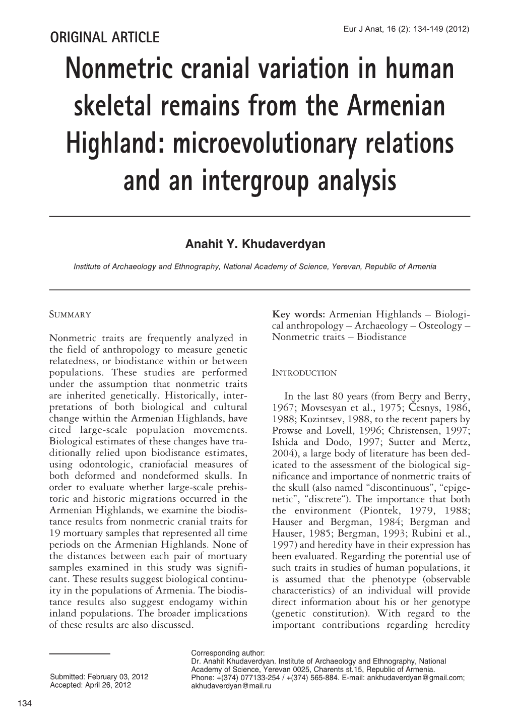 Nonmetric Cranial Variation in Human Skeletal Remains from the Armenian Highland: Microevolutionary Relations and an Intergroup Analysis