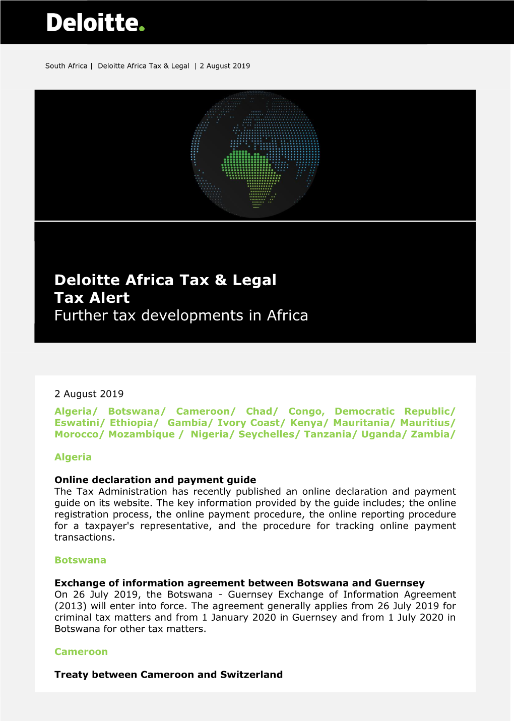 Deloitte Africa Tax & Legal Tax Alert Further Tax Developments in Africa