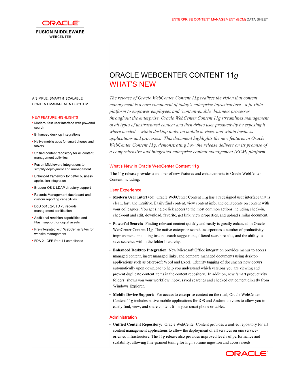 Oracle Webcenter Content 11G Datasheet