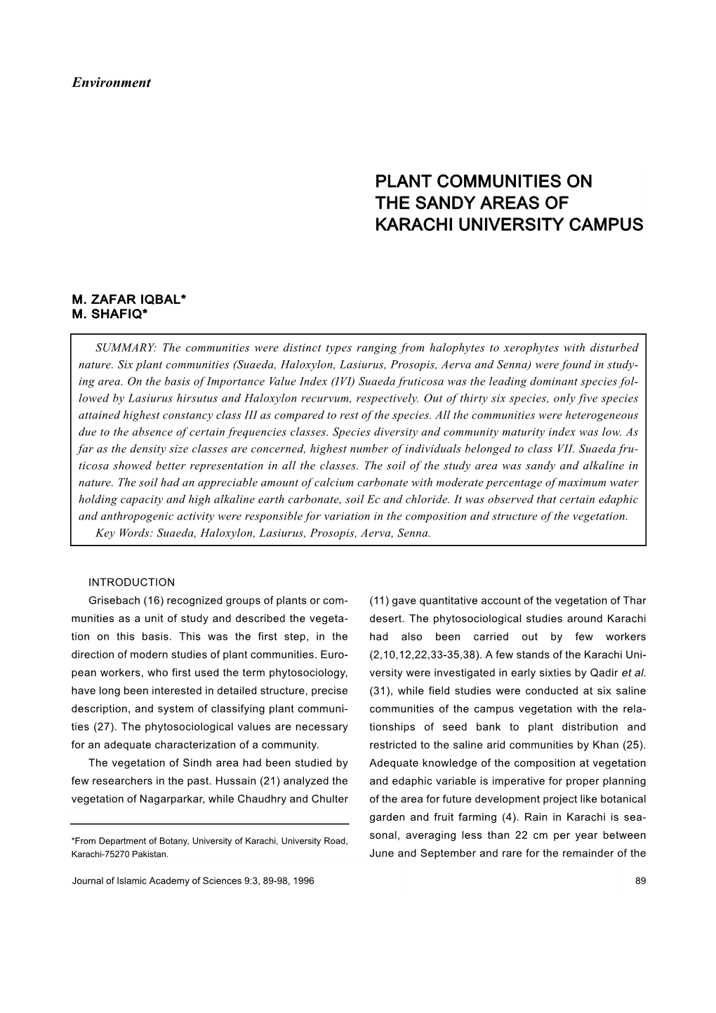 Plant Communities on the Sandy Areas of Karachi University Campus