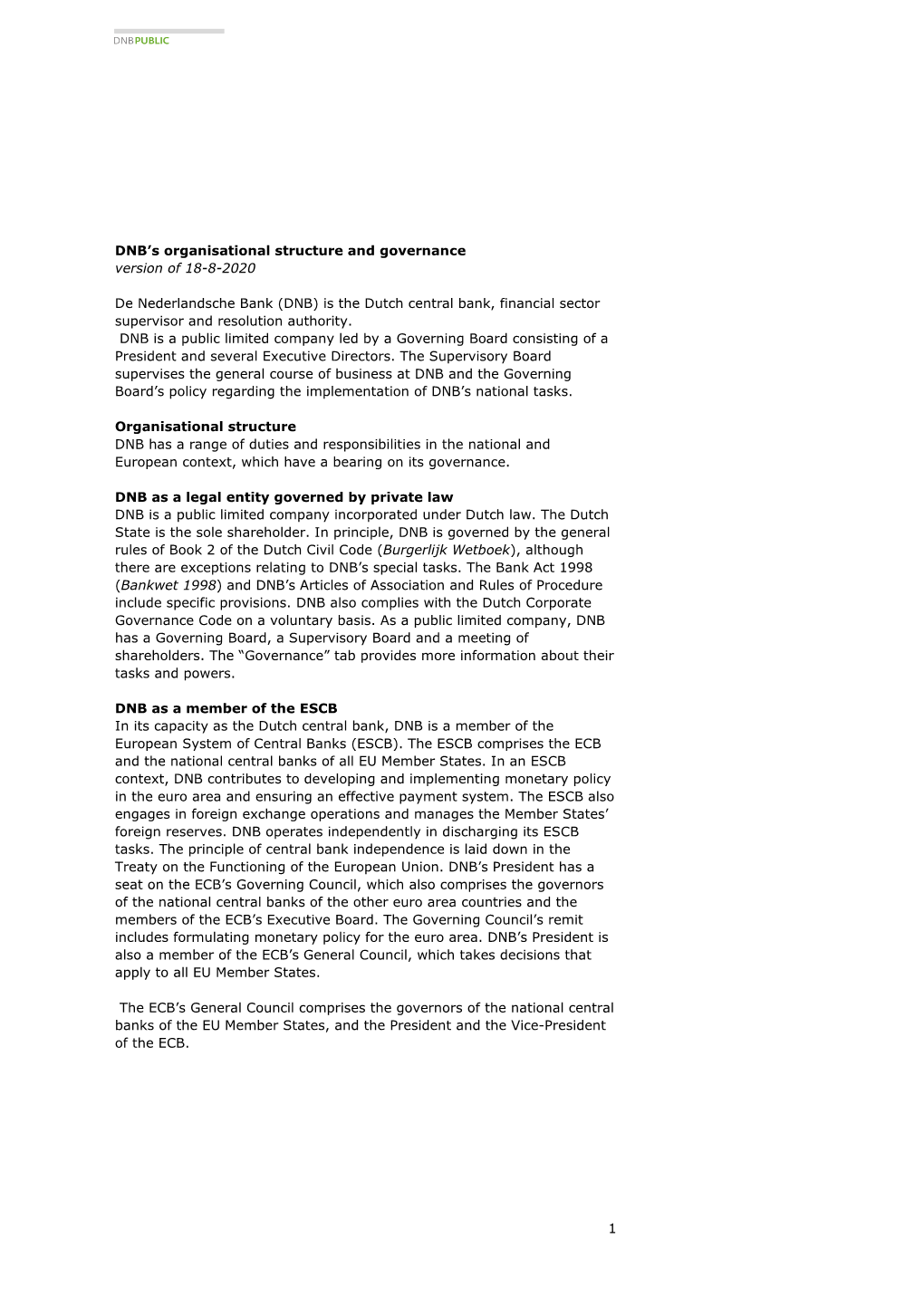 DNB's Organisational Structure and Governance