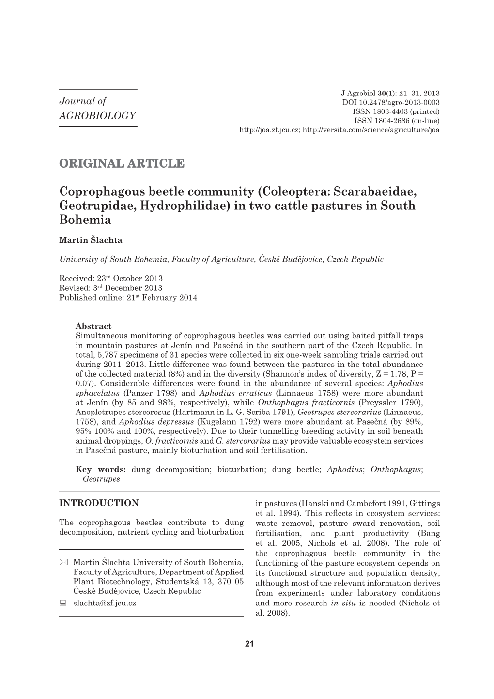 Coleoptera: Scarabaeidae, Geotrupidae, Hydrophilidae) in Two Cattle Pastures in South Bohemia