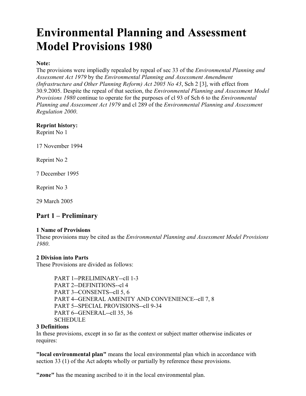 Environmental Planning and Assessment Model Provisions 1980