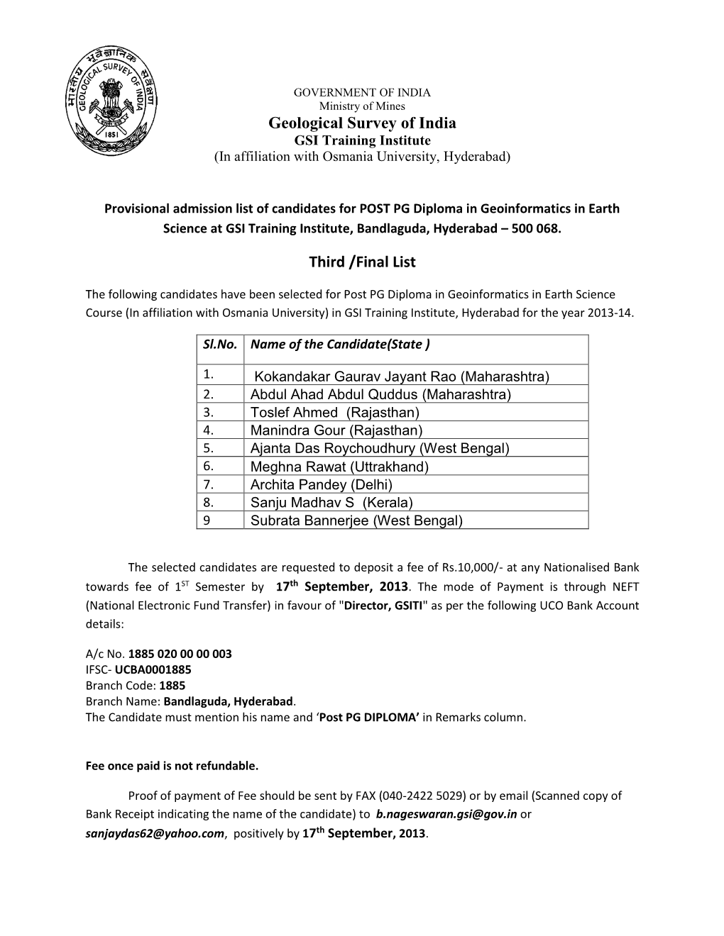 Geological Survey of India GSI Training Institute (In Affiliation with Osmania University, Hyderabad)