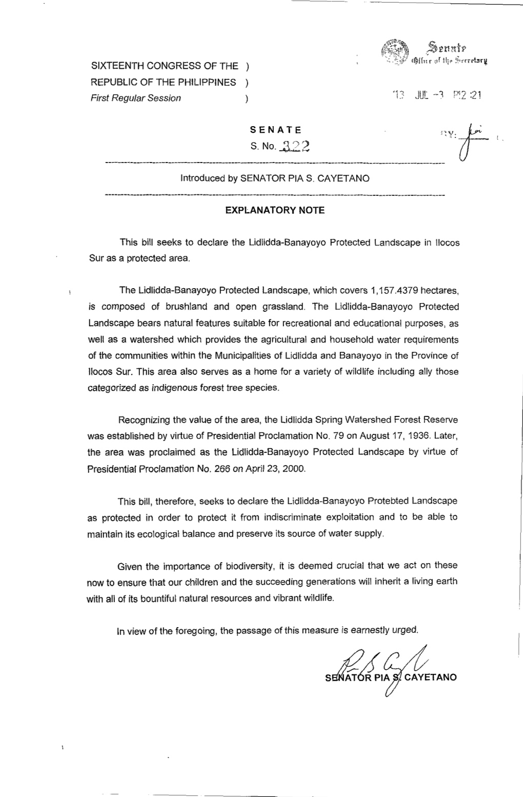 Sj1d.'~TANO Jy~M!Tr SIXTEENTH CONGRESS of the ) F@{F\';T Ttf Hie ~Hrrbr~ REPUBLIC of the PHILIPPINES ) First Regular Session '13 .Jlil -1 Pi? :21