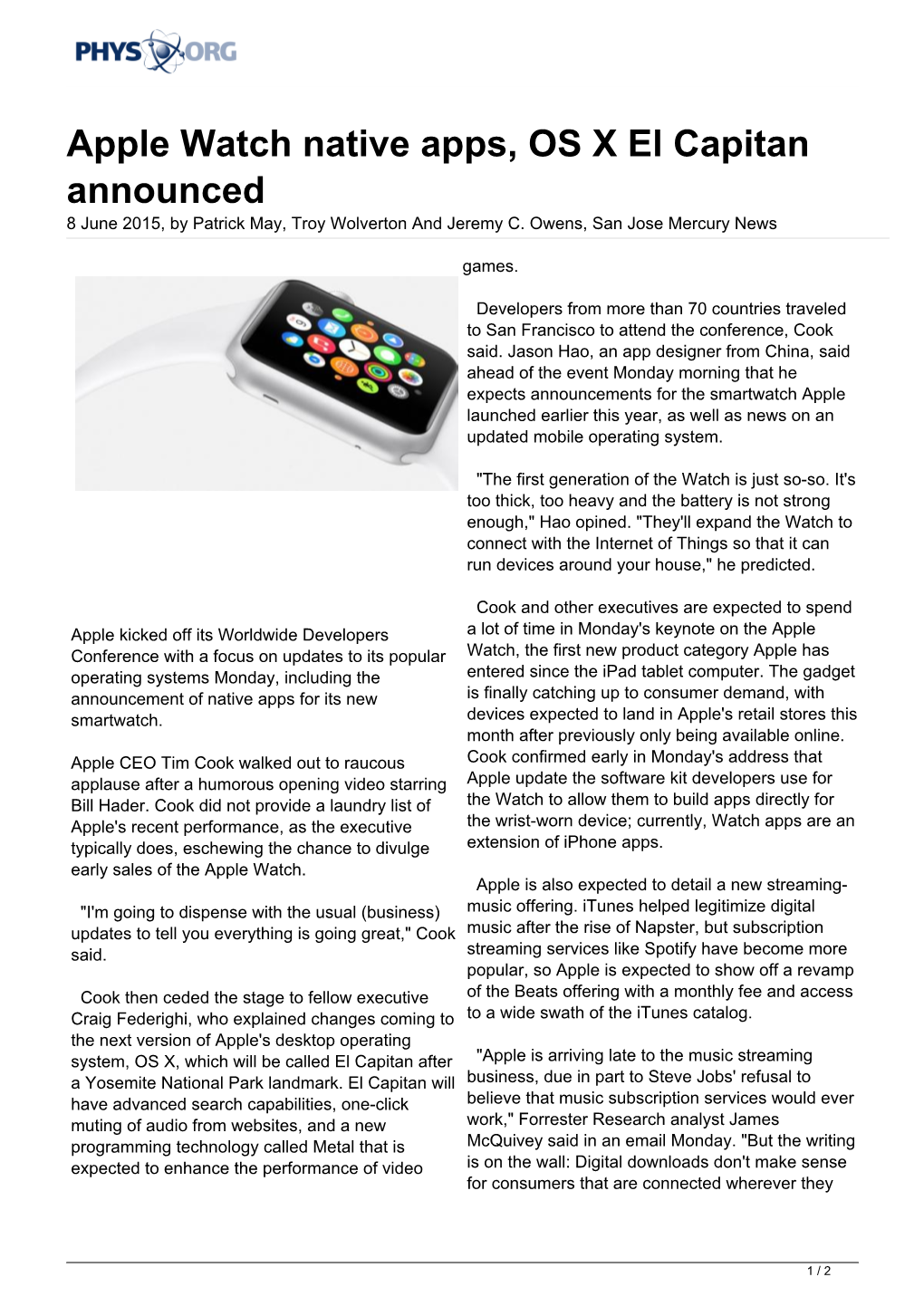 Apple Watch Native Apps, OS X El Capitan Announced 8 June 2015, by Patrick May, Troy Wolverton and Jeremy C