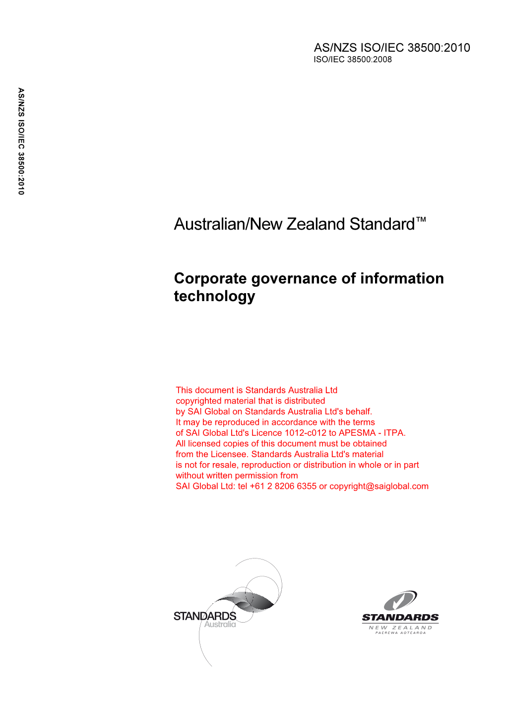 AS/NZS ISO/IEC 38500:2010 Corporate Governance of Information Technology