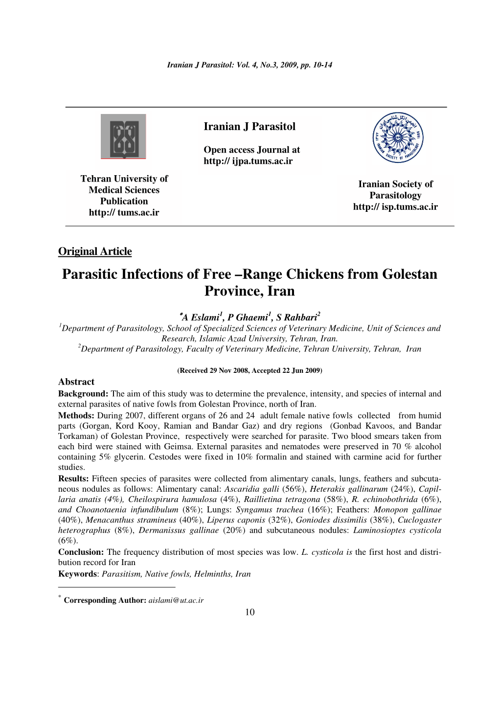 Eslami Et Al 2009 Parasitic Infecions Free-Range Chicken Iran