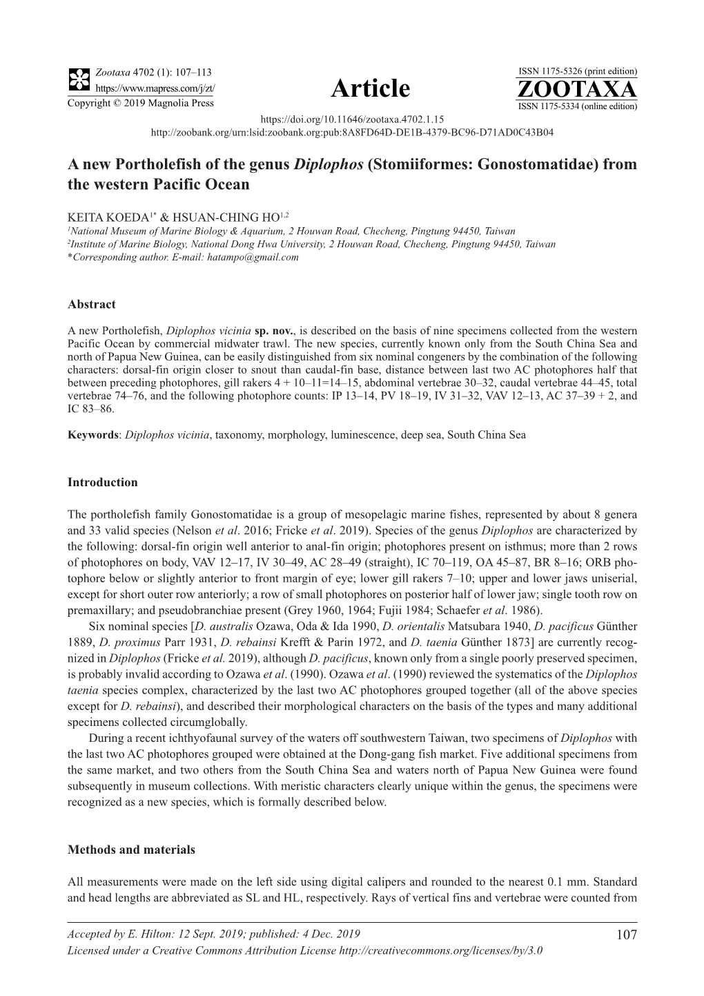 A New Portholefish of the Genus Diplophos (Stomiiformes: Gonostomatidae) from the Western Pacific Ocean