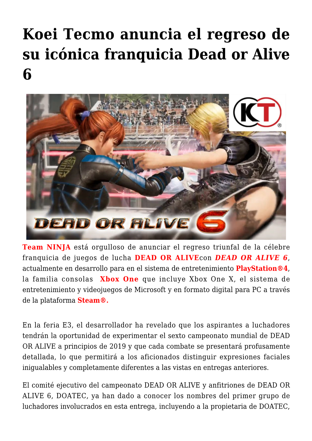 Koei Tecmo Anuncia El Regreso De Su Icónica Franquicia Dead Or Alive 6