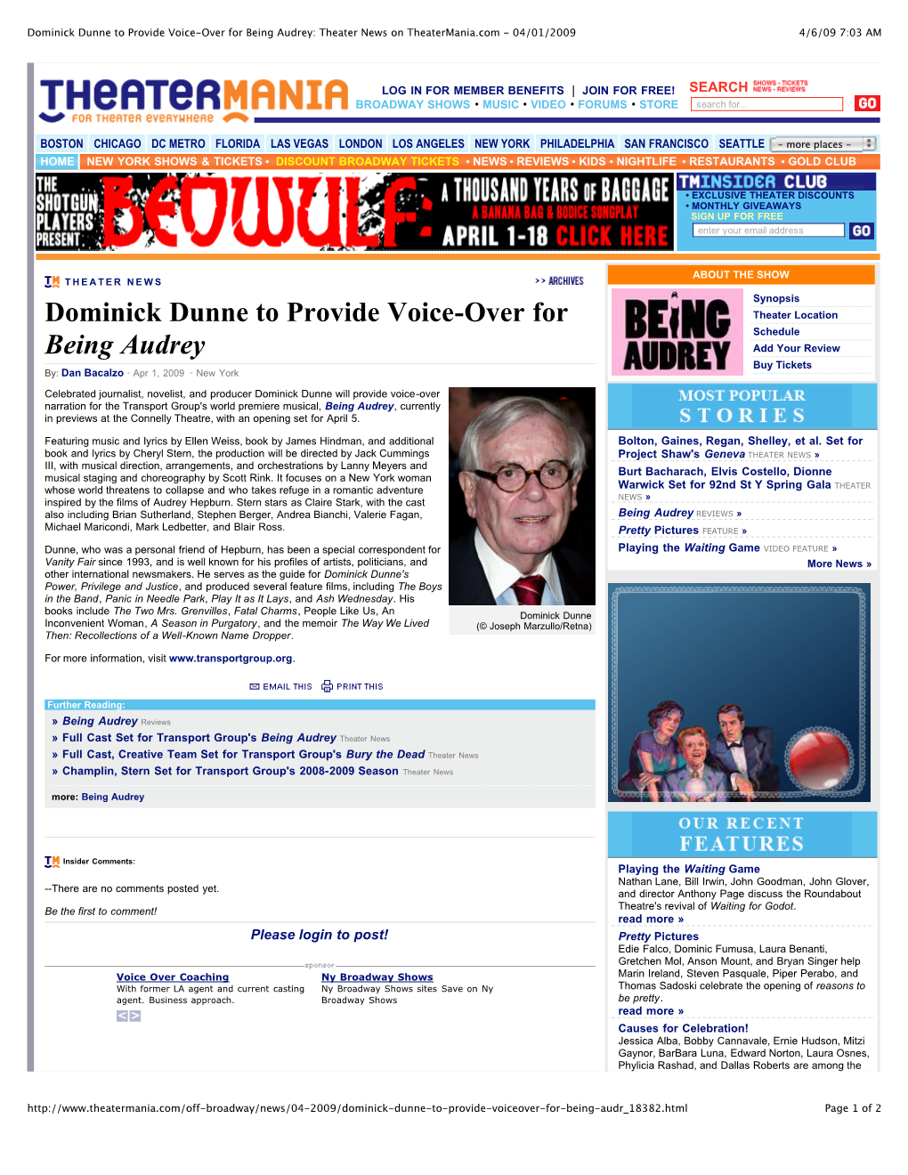 Dominick Dunne to Provide Voice-Over for Being Audrey: Theater News on Theatermania.Com - 04/01/2009 4/6/09 7:03 AM