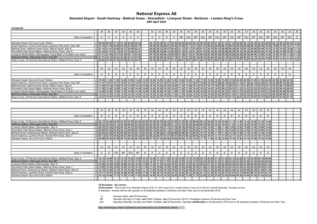 National Express A8 Stansted Airport - South Hackney - Bethnal Green - Shoreditch - Liverpool Street - Barbican - London King's Cross 20Th April 2020