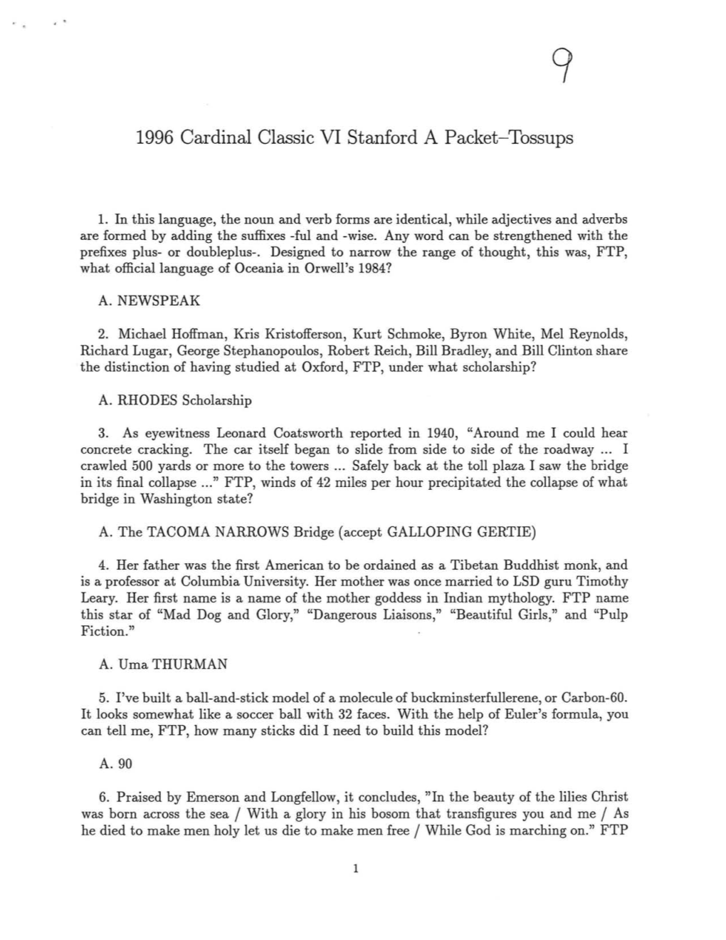 1996 Cardinal Classic VI Stanford a Packet-Tossups