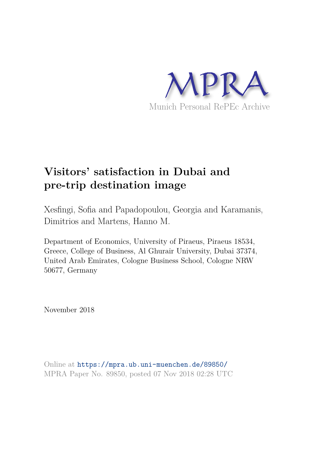 Visitors' Satisfaction in Dubai and Pre-Trip Destination Image