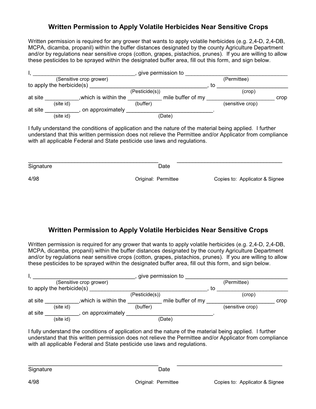 Written Permission to Apply Volatile Herbicides Near Sensitive Crops