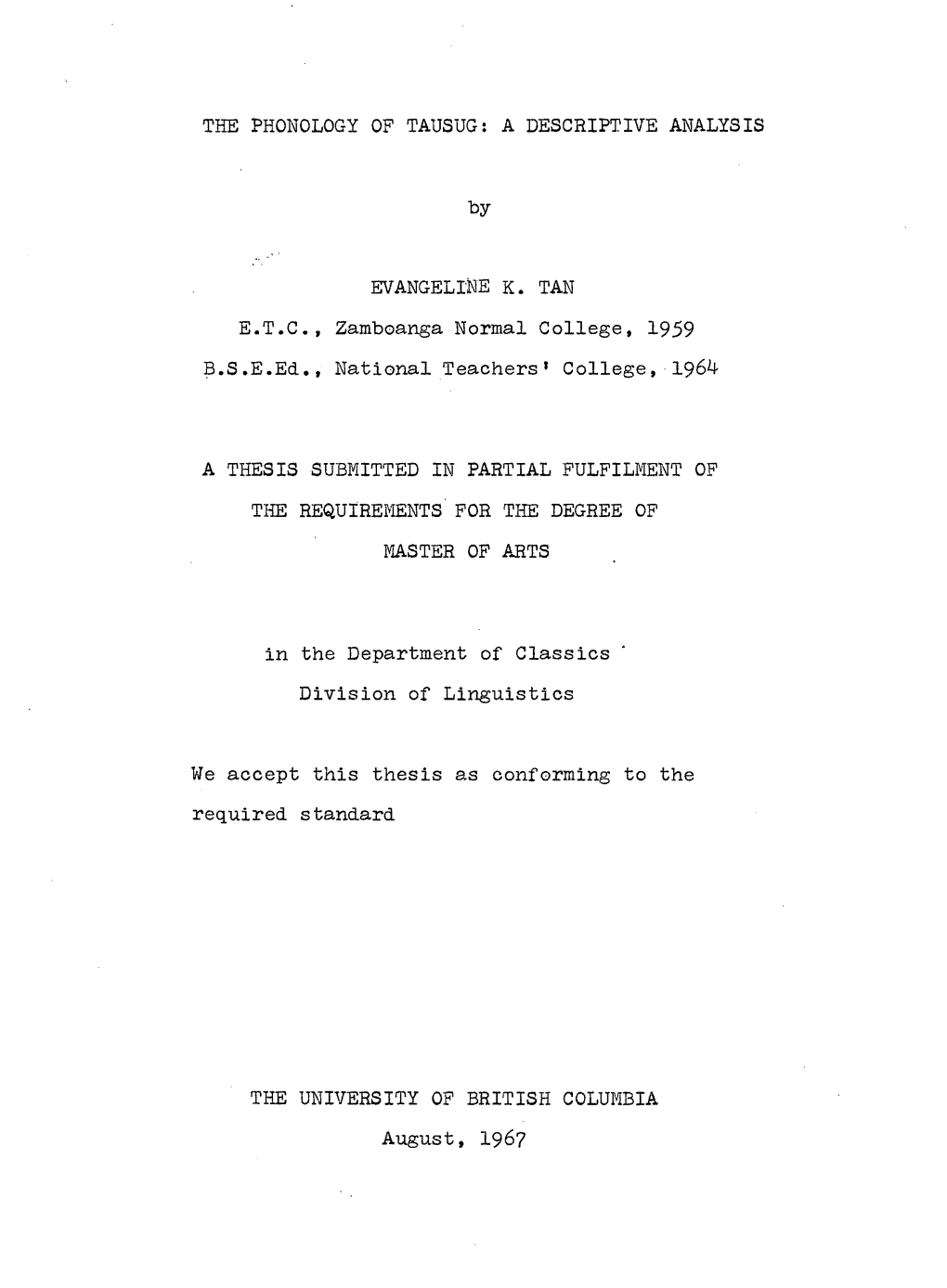 The Phonology of Tausug: a Descriptive Analysis