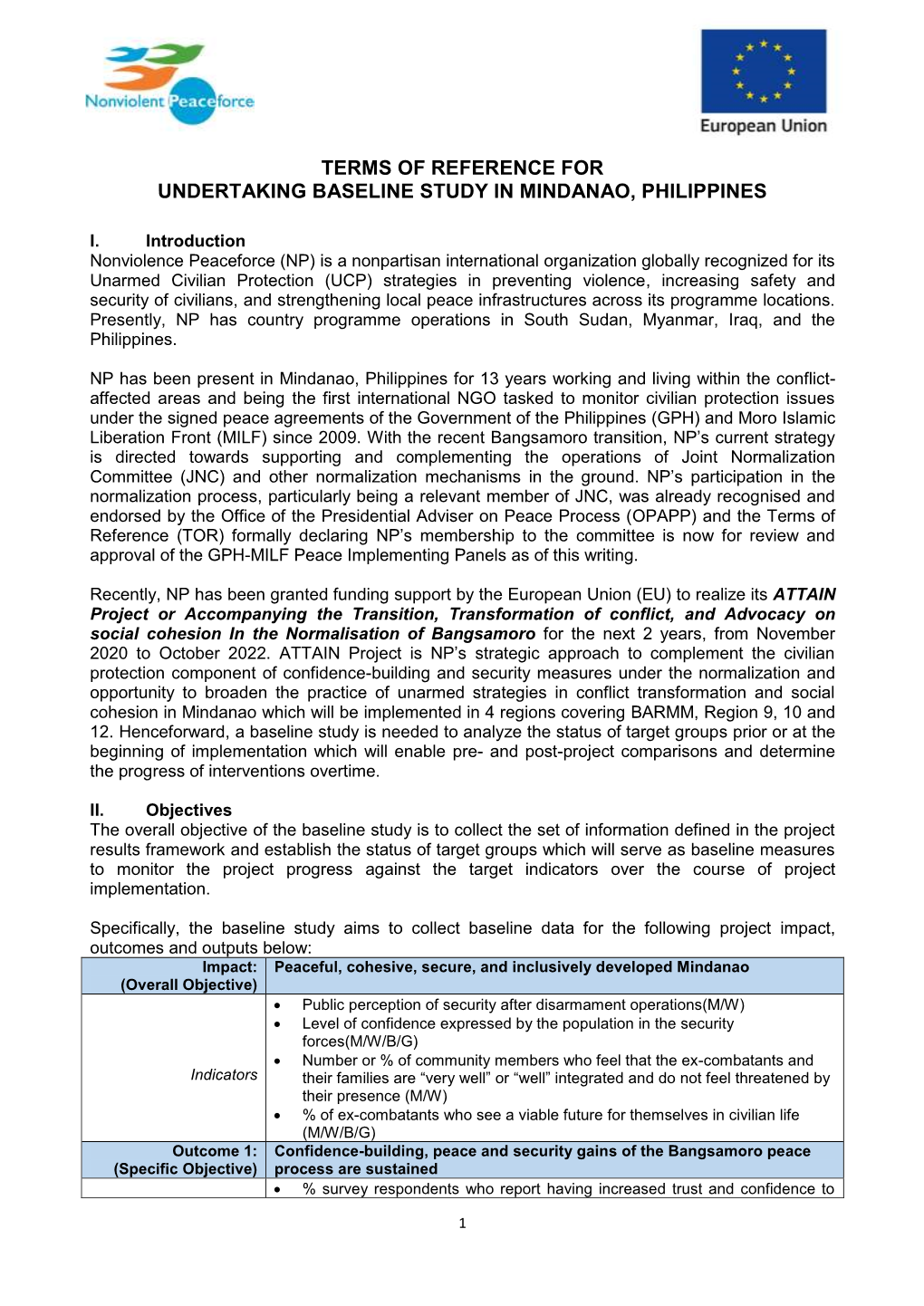 Terms of Reference for Undertaking Baseline Study in Mindanao, Philippines