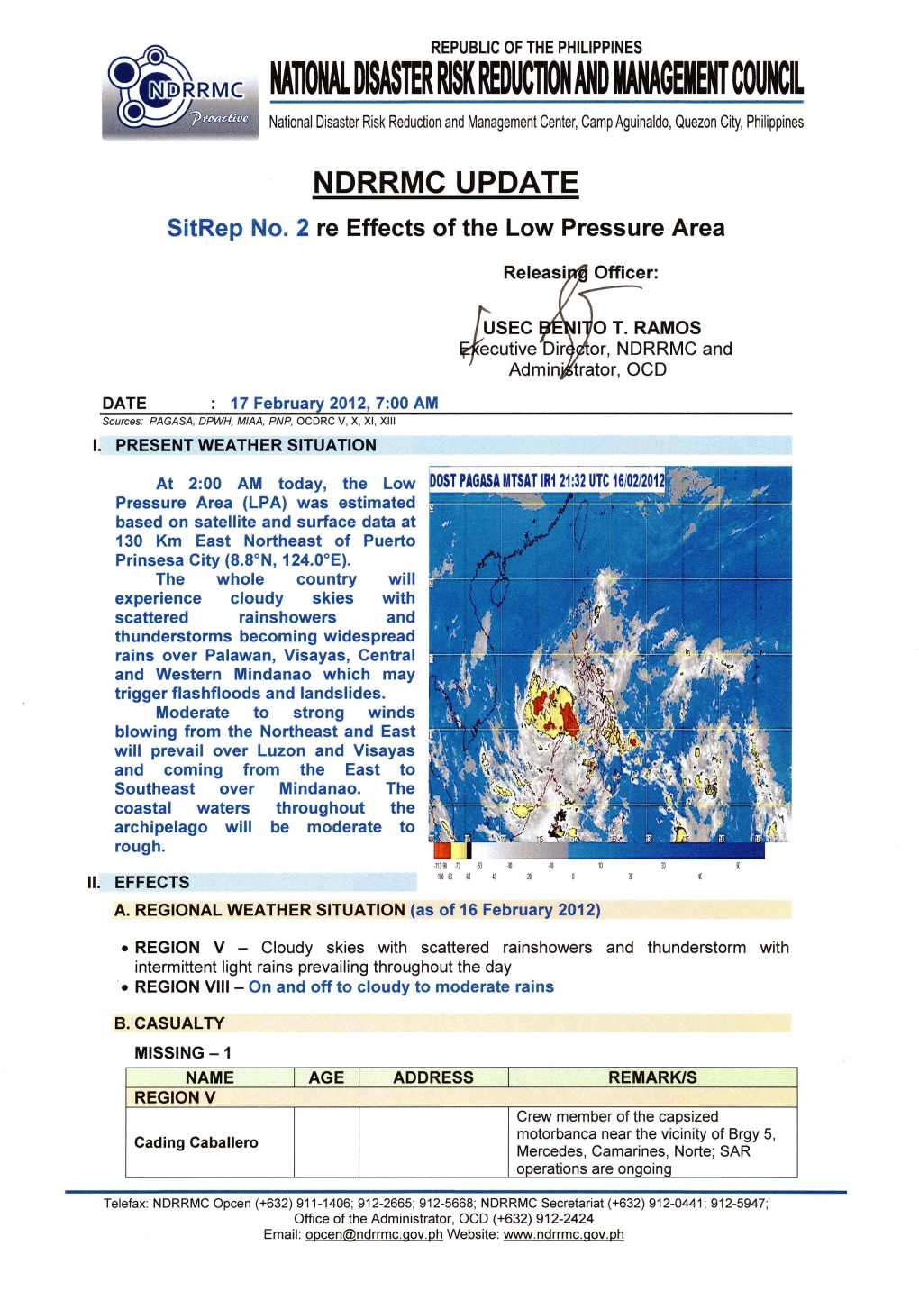 NDRRMC Update on Sitrep No.2 Re Effects of LPA As of 17 Feb 2012