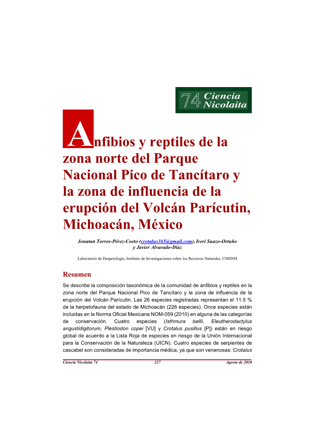 Anfibios Y Reptiles De La Zona Norte Del Parque Nacional Pico De Tancítaro Y La Zona De Influencia De La Erupción Del Volcán
