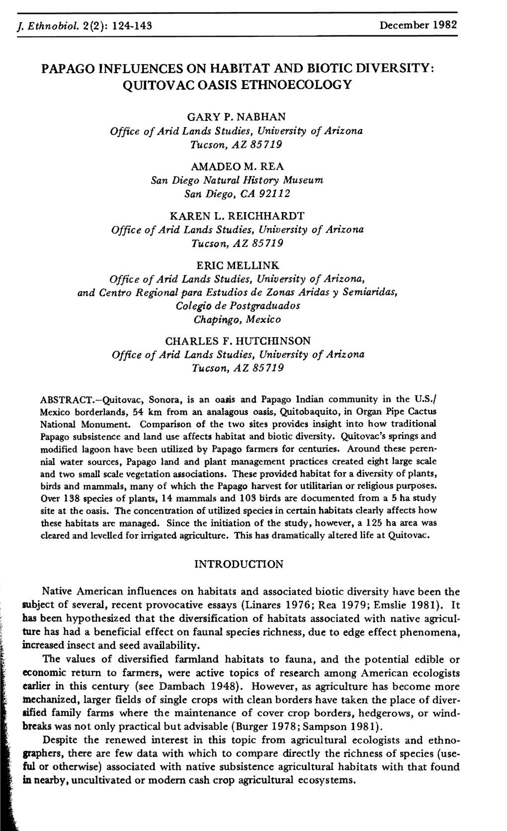 Papago Influences on Habitat and Biotic Diversity: Quitovac Oasis Ethnoecology