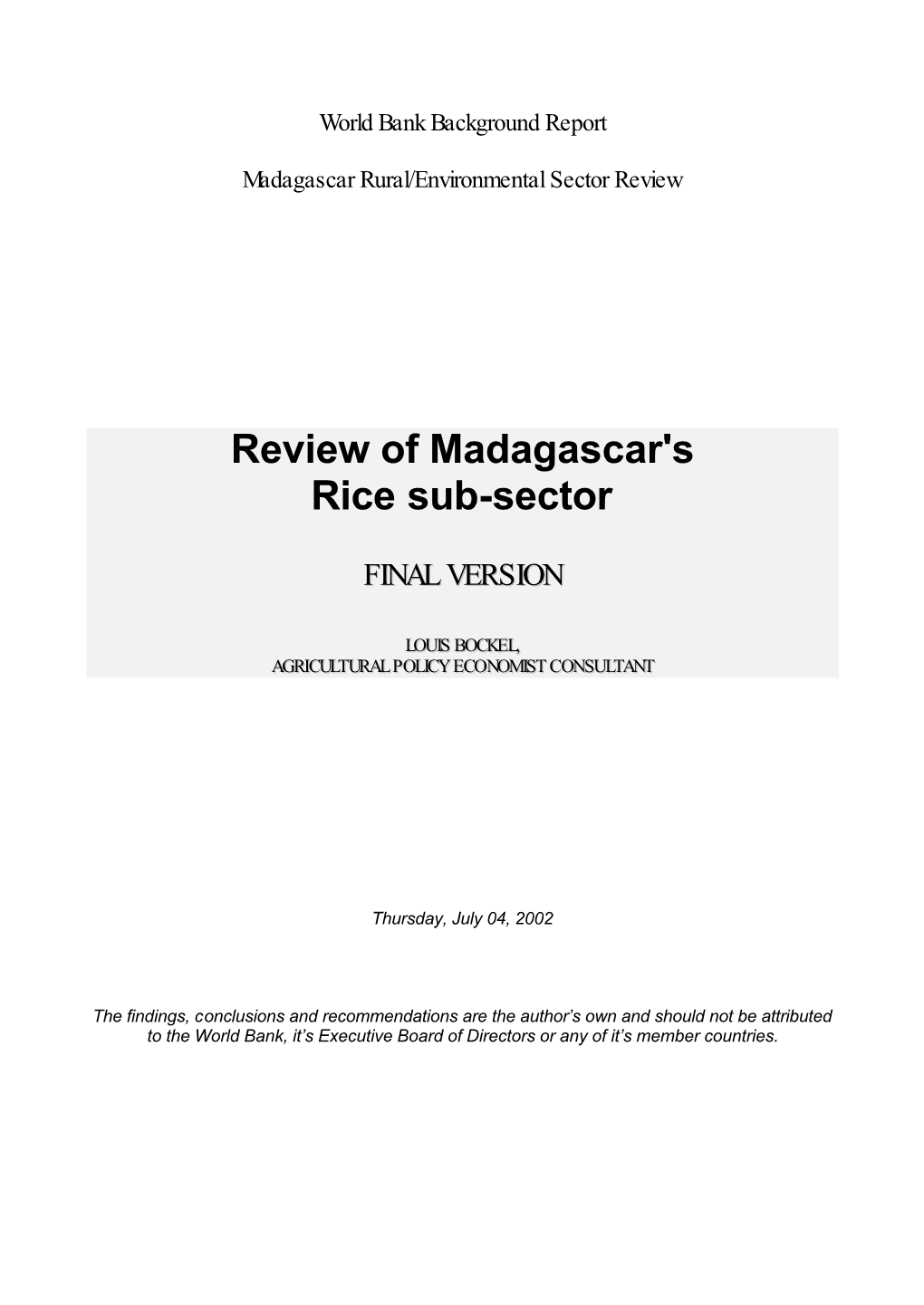 Review of Madagascar's Rice Sub-Sector