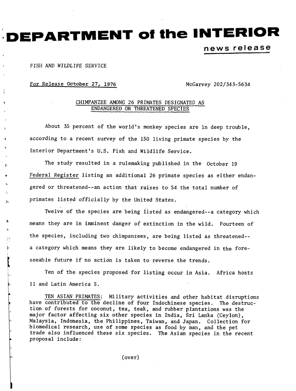 CHIMPANZEE AMONG 26 PRIMATES DESIGNATED AS ENDANGERED OR THREATENED SPECIES -- October 27, 1976