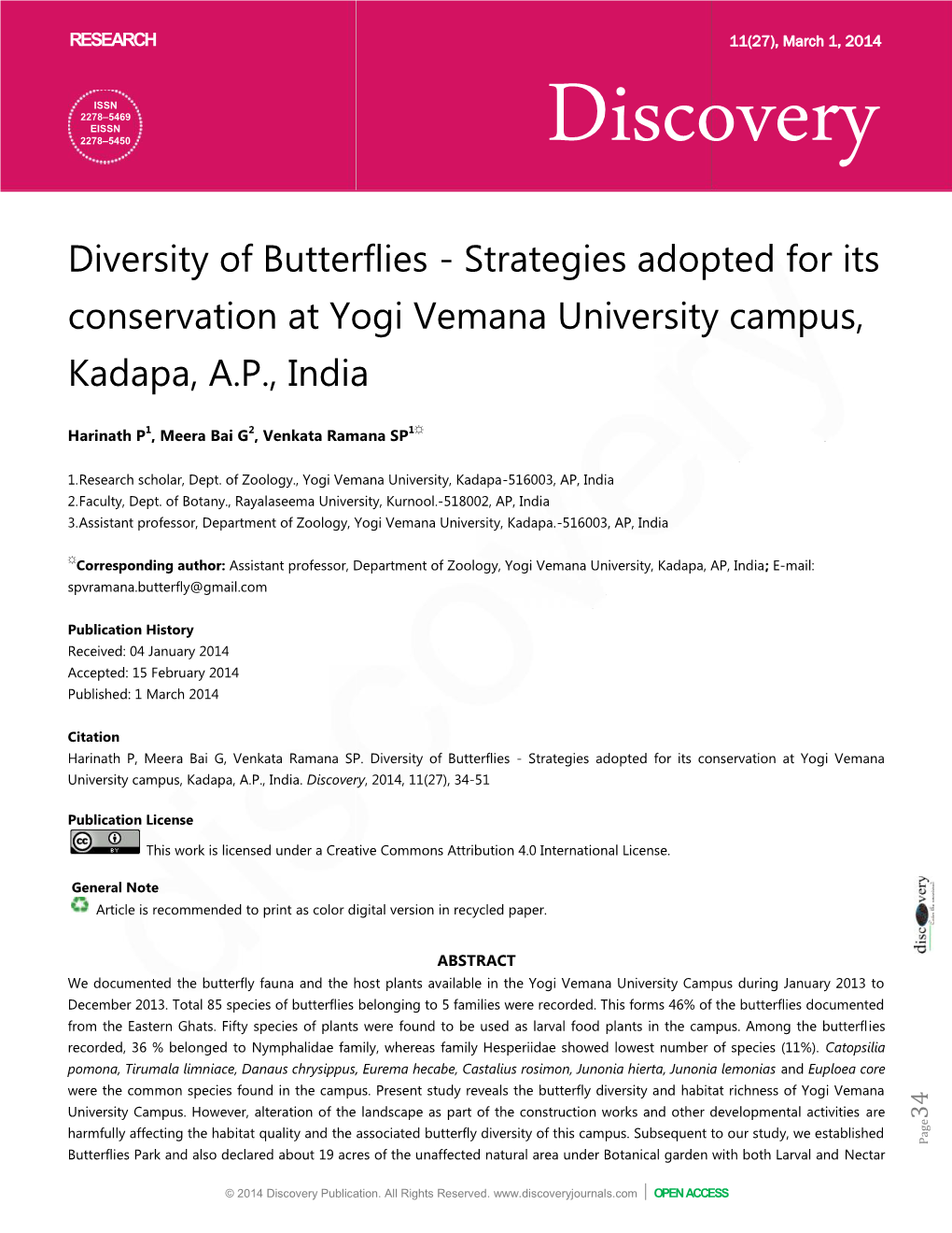 Strate Conservation at Yogi Vemana Kadapa, AP, India Ity of Butterflies