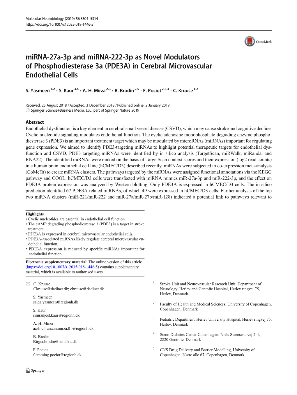 Mirna-27A-3P and Mirna-222-3P As Novel Modulators of Phosphodiesterase 3A (PDE3A) in Cerebral Microvascular Endothelial Cells