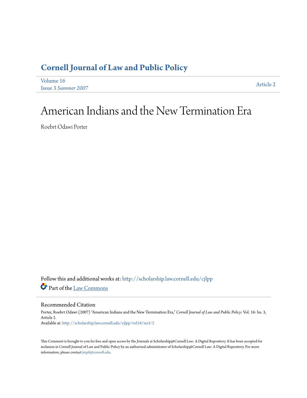 American Indians and the New Termination Era Roebrt Odawi Porter