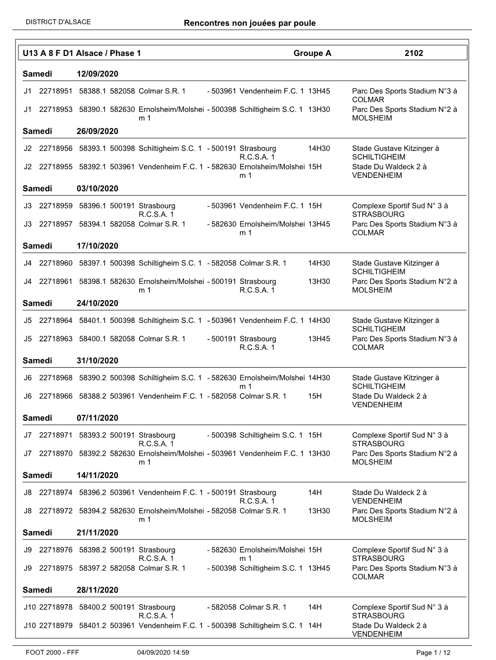 Rencontres Non Jouées Par Poule 12/09/2020 26/09/2020 03/10