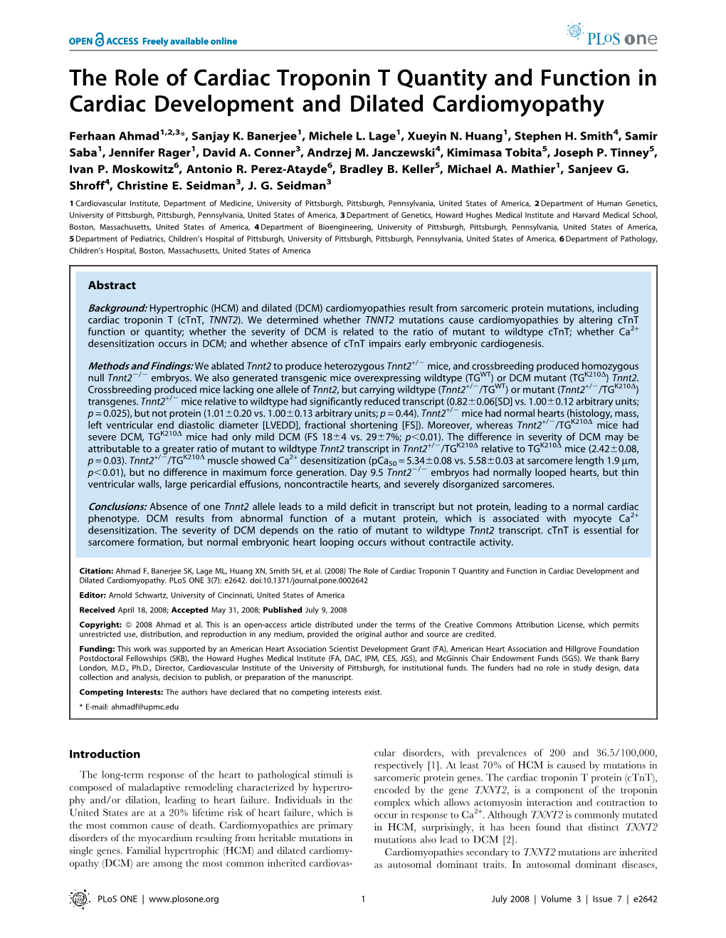 The Role of Cardiac Troponin T Quantity and Function in Cardiac Development and Dilated Cardiomyopathy