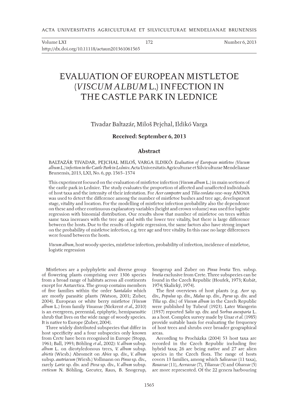 Evaluation of European Mistletoe (Viscum Album L.) Infection in the Castle Park in Lednice